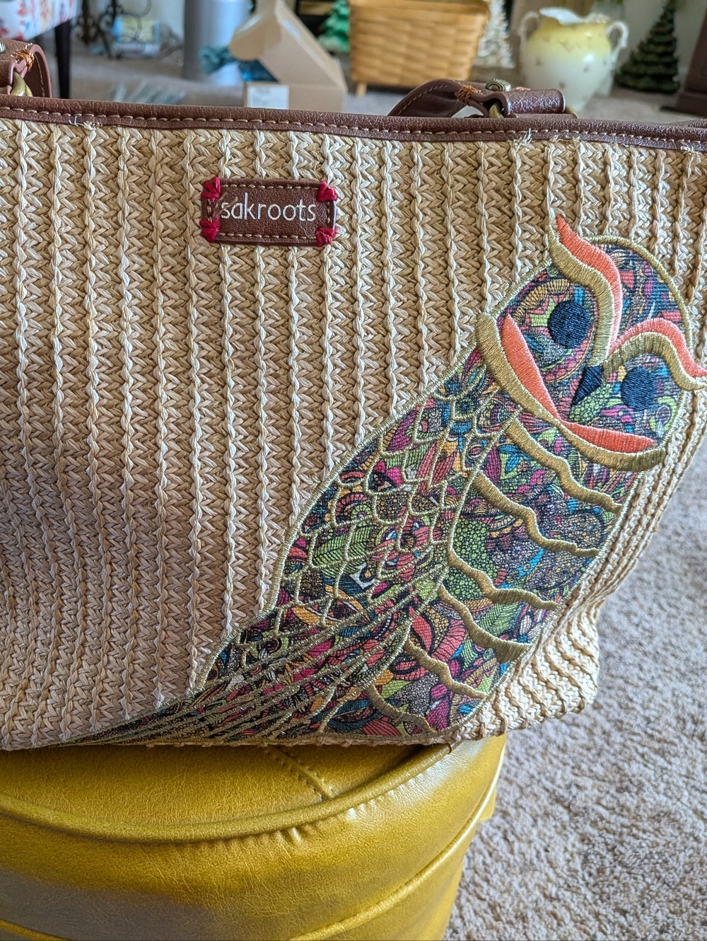 Sakroots Straw Tote with Multicolor Embroidered Owl Accent  New Sakroots Woven